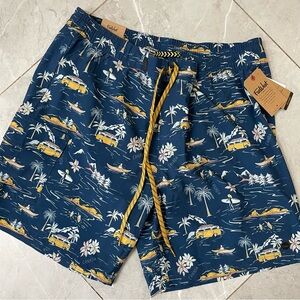 FarWest Men's Island Print Board Shorts - Navy and Yellow